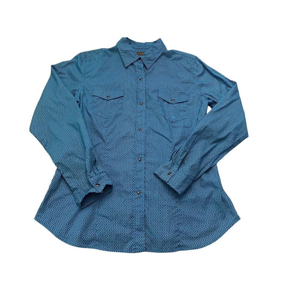 Roper Womens Western Shirt Medium Blue Geometric Snap Button Long Sleeve Cotton